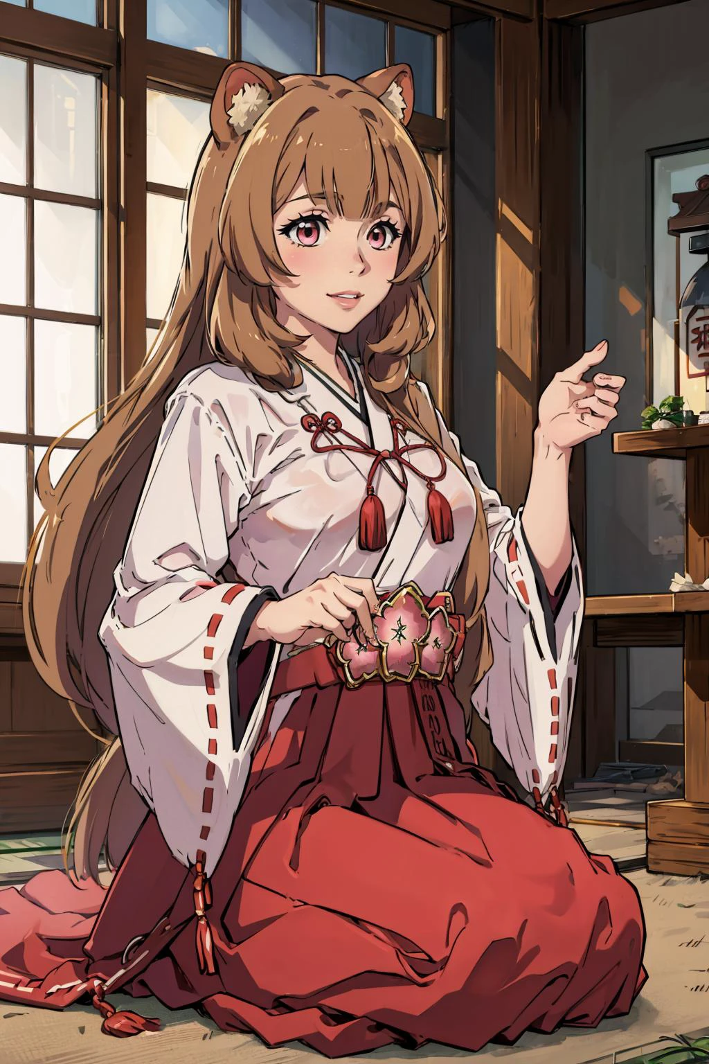 masterpiece, best quality, <lora:shieldhero_raphtalia_v2-17:0.9> raphtalia, raccoon tail, japanese clothes, kimono, ribbon-trimmed sleeves, red hakama, skirt, seiza, japanese architecture, indoors, smile