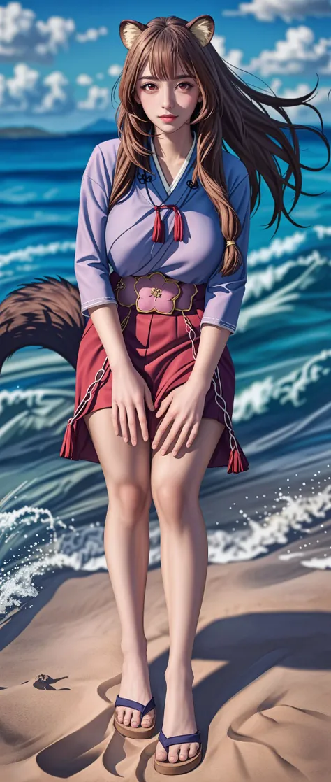 <lora:lcm_lora_sd15:1>,
(masterpiece,best quality,8k,beautiful and aesthetic:1.2),
solid-best-physical-appearance-perfect::2,
cosplay,Smile,(HUGE BREASTS),(floating hair:1.2),PERFECTEYES EYES,narrow_waist,slender,skinny,(dynamic_angle),sexy posture,
<lora:shieldhero_raphtalia_v2:0.8>,
raphtalia,red eyes,raccoon ears,(raccoon tail:1.2),brown hair,long hair,
japanese clothes,kimono,ribbon-trimmed sleeves,red hakama,skirt,
standing,full body,
outdoors,day,sky,beach,sand,
<lora:[R]Xn}0{LORA.add_detail:0.2>,
<lora:[OMQ*S][vw<w[.locon_perfecteyes_v1_from_v1_64_32:0.6>,