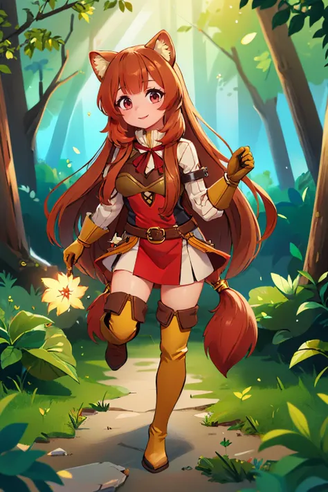 (masterpiece, best quality:1.2), solo, 1girl, raphtalia, smile, looking at viewer, long sleeves, gloves, thigh boots, belt, forest <lora:shieldhero_raphtalia_v2-17:0.9>