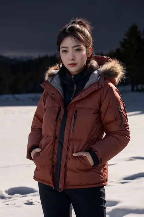 masterpiece, best quality, ultra-detailed, ultra high res, (photorealistic:1.4), raw photo, (realistic:0.2), CG, 8k HDR, cinematic lighting, 1girl, solo, looking at viewer, (winter clothes, padded jacket), outdoor, (snow, snowflakes), night, aurora sky, upper body, lower body, asymmetrical hair, (detailed oily skin, medium breasts:0.8), (detailed face), (detailed background :1.1), closed mouth, hands in pocket,