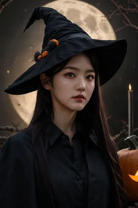 1girl, solo, 4k HDR, realistic, ultra detailed, natural lighting, wearing a witch outfit with long hair, halloween theme background with gloomy pumpkin glowing in the dark and full moon, scattered cloud, asymmetrical long hair, black hair, (detailed face), (detailed background :1.1), upper body, wearing witch hat, black shirt under magic pattern robe,