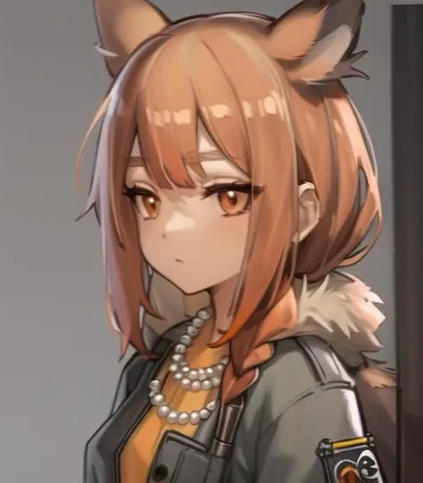 best quality, ratatos, browntail, masterpiece, 1 girl, solo, (orange_dress),jewelry, pearl necklaces, grey jacket, squirrel girl, <lora:Ratatos(3685)-000030:0.75>,masterpiece, best quality, perfect lighting, 1girl, MODELSHOOT, amazing,1girl,head,,simple background ,bag