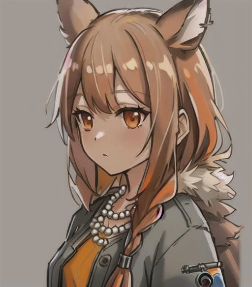 best quality, ratatos, browntail, masterpiece, 1 girl, solo, (orange_dress),jewelry, pearl necklaces, grey jacket, squirrel girl, <lora:Ratatos(3685)-000030:0.75>,masterpiece, best quality, perfect lighting, 1girl, MODELSHOOT, amazing,1girl,head,,simple background ,bag