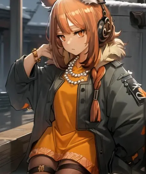 best quality, ratatos, browntail, masterpiece, 1 girl, solo, (orange_dress),jewelry, pearl necklaces, grey jacket, <lora:Ratatos(3685)-000030:0.8>,masterpiece, best quality, perfect lighting, 1girl, MODELSHOOT, amazing,1girl,head,,simple background ,bag