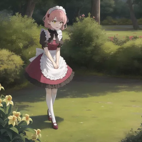 kemonomichi-hanako, maid costume, short dragon horns, short hair, hair between eyes, pink hair, yellow iris, slit pupils, full body, solo, 1girl, outdoors <lora:kemonomichi-hanako:0.4>