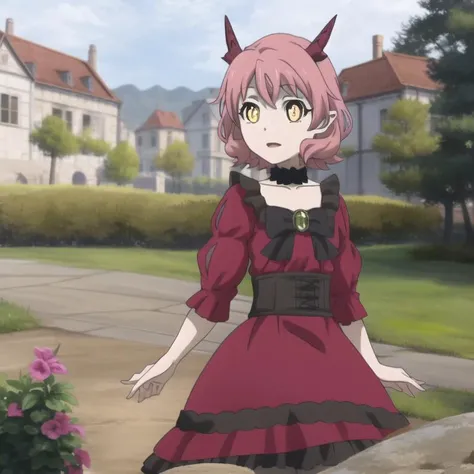 kemonomichi-hanako, red dress, short dragon horns, short hair, hair between eyes, pink hair, yellow iris, slit pupils, full body, solo, 1girl, outdoors <lora:kemonomichi-hanako:0.9>
