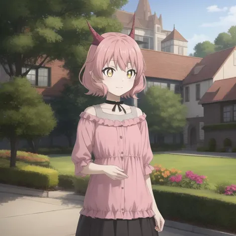 kemonomichi-hanako, casual clothes, short dragon horns, short hair, hair between eyes, pink hair, yellow iris, slit pupils, full body, solo, 1girl, outdoors <lora:kemonomichi-hanako:0.4>