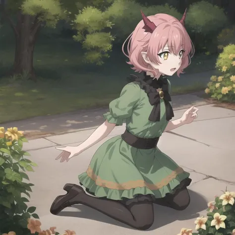 kemonomichi-hanako, green dress, short dragon horns, short hair, hair between eyes, pink hair, yellow iris, slit pupils, full body, solo, 1girl, outdoors <lora:kemonomichi-hanako:0.5>
