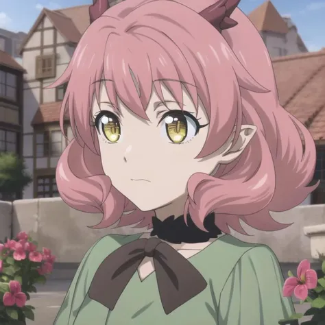 kemonomichi-hanako, green dress, short dragon horns, short hair, hair between eyes, pink hair, yellow iris, slit pupils, full body, solo, 1girl, outdoors <lora:kemonomichi-hanako:0.8>
