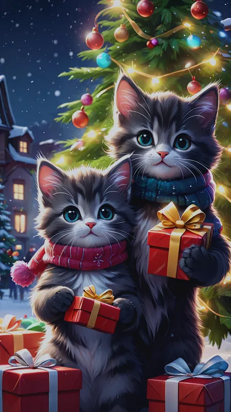 Merry Christmas theme, a family cute kittens, male and female, holding one gift in hands, in winter cloth, under Christmas tree, colorful led ligths, garlands, snow, winter, cute and funny, illustration, cartoon network, masterpiece, fulcolor, dark noir, muffled light, realistic, soft shadows, best quality, hyper detailed, 4k.