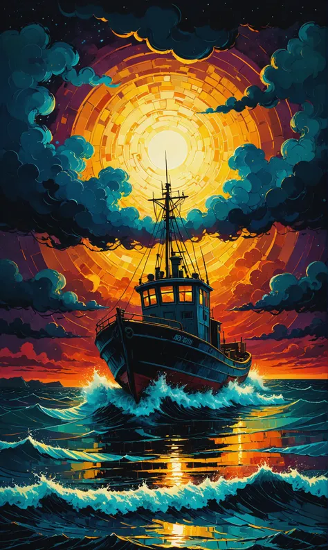 Mixed media magic. Artist James R. Eads. Stormy night over the troubled sea. drifting fishing boat, flashes of lightning on the horizon, vibrant colors, sunset influencing the sun, a fantastic vision, a detailed, complex and quality background. Old film grain, tetradic colors, rust style, vantablack aura, golden ratio, rule of thirds, cinematic lighting Dark and magical realism. Complementary poisonous colors with deep zoom Memphis style, abstract bokeh background with deep zoom<lora:xl_more_art-full_v1:0.3>