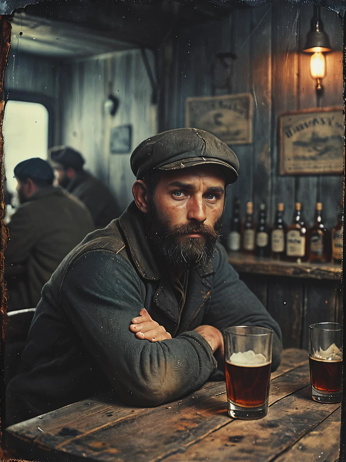 35mm Vintage photo of, a portrait of a seaman with a rugged, thick beard, capturing a slightly befuddled expression, he is sitting at the table next to him there is a bottle of whiskey, focus is on his facial expressions and the subtle details like the texture of his beard and the glint in his eyes, cozy, slate gray atmosphere, soft cinematic light, <lora:Vintage_Street_Photo:0.8>