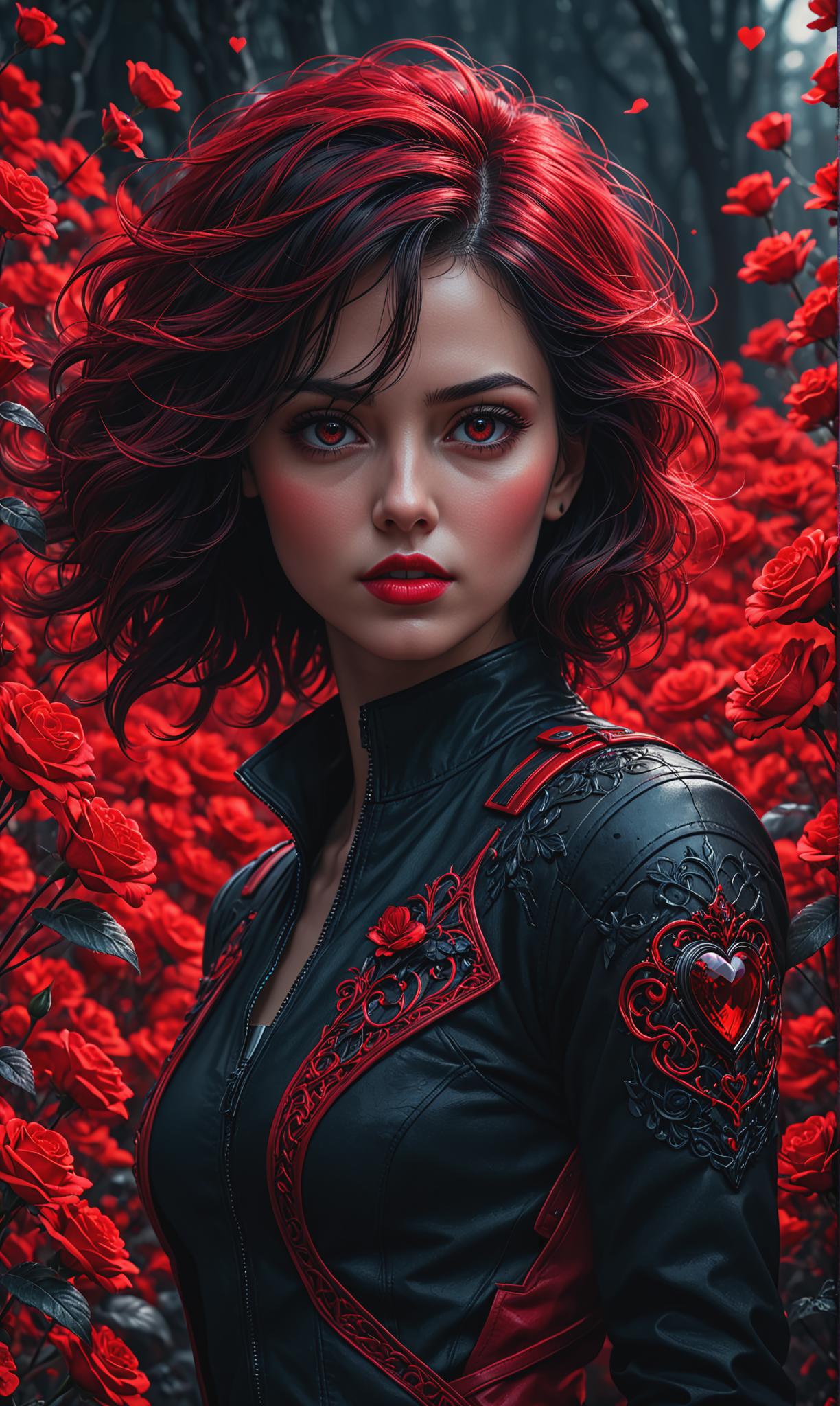 A woman with red hair and black leather jacket standing in front of red ...