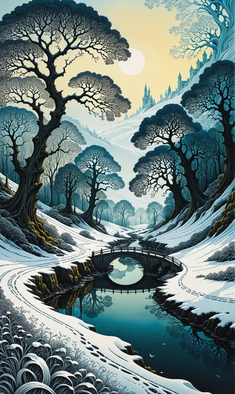 create a random breathtaking surreal fantasy winter landscape scenery in England, optical illusion, fligree, zentangle fractal splash style, etching, ink v3, digital oilpainting, pointilist fantasy mail art by aaron horkey 16k uhd, dynamic, influence by rembrant, van gogh<lora:xl_more_art-full_v1:0.3>