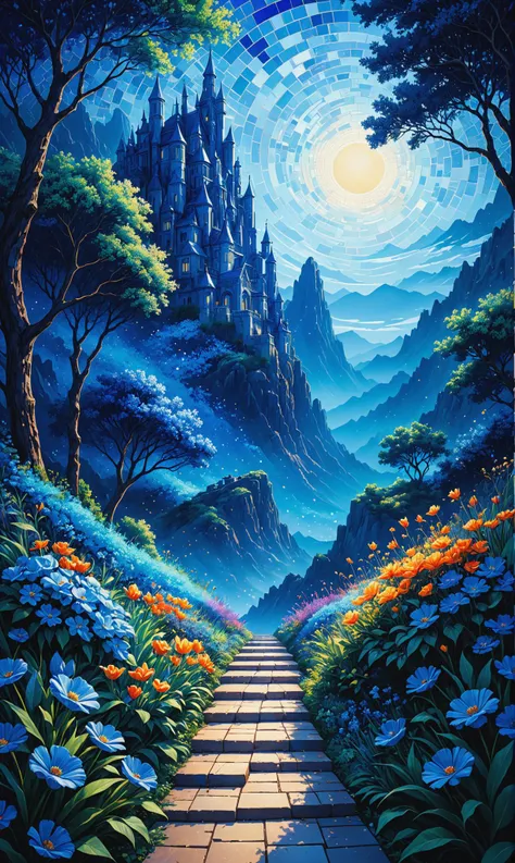 (masterpiece:1.1), (highest quality:1.1), (HDR:1), (ultra detailed original illustration), solo, a dreamscape aesthetic in Cobalt blue theme atmosphere, mosaic background, happy, floral, (wallpaper style), movie trailer, cinematic, screencap, still shot, true perception, comfortable<lora:xl_more_art-full_v1:0.3>