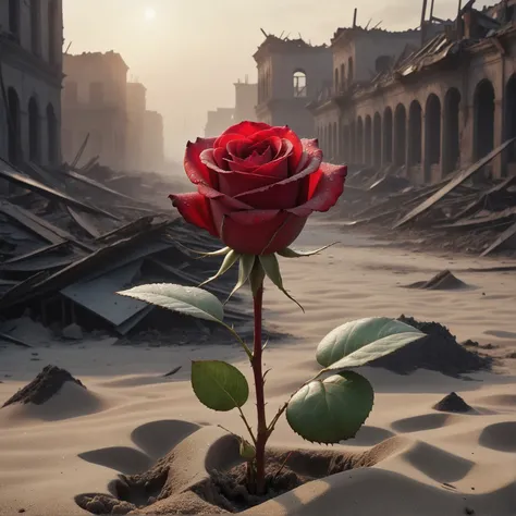 a beautiful single red rose sprouting in the middle of a deserted destroyed city covered in debris and sand, dawndrops, dawn, subtle sunlight, fog, nature, realism, hyperrealism, fine details