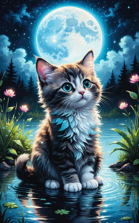 Ultra detailed illustration of a cute fluffy kitten sitting in a clearing flooded with moonlight, starry sky, moon lost in a magical world of wonders, glowy, bioluminescent flora, incredibly detailed, pastel colors, handpainted strokes, visible strokes, oil paint, art by Mschiffer, night, bioluminescence<lora:xl_more_art-full_v1:0.4>