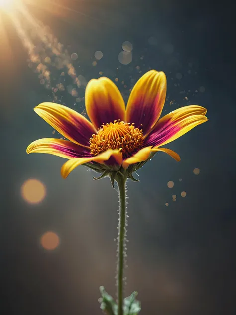 a ral-sun flying flower,dusty background,epic,heroic,bokeh,sharp detailed, hyperrealistic,amazing, macro photo, god rays, volumetric <lora:add-detail-xl:1.5>
