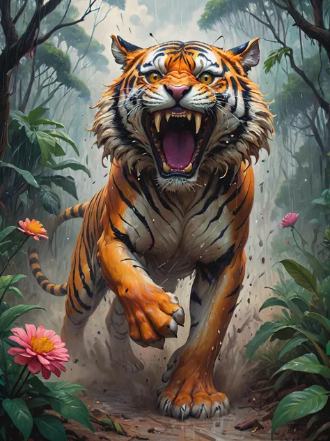 coomplex illustration of a mighty tiger in the jungle very fast running to the viewer, trees and flower, in a massive cloud of dust, agression, anger, hyperrealistic scene, heavy rain, detailed focus, art by Aaron Jasinski, epic fantasy scene, vivid colors, Enchanted Masterpiece, Fantasycore, Award-Winning, Masterpiece, contrast, faded, <lora:xl_more_art-full_v1:0.3>