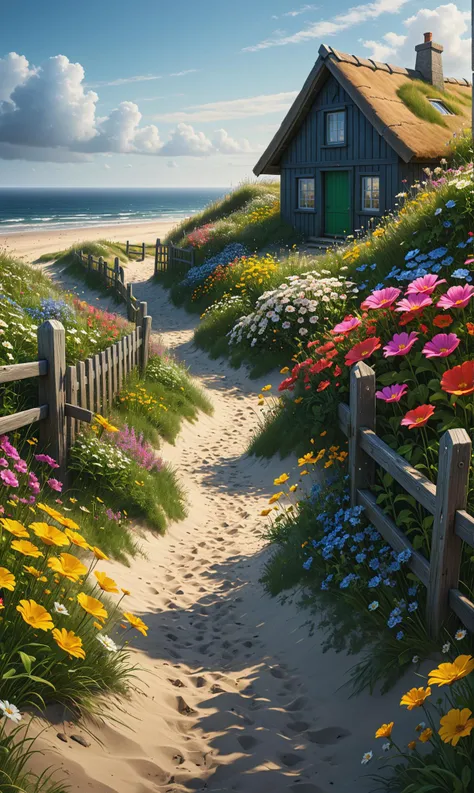 Landscape capturing the essence of a hint of summer at night, sandy path leading down with a fence aligning it, old weathered beach cottage standing sentinel amidst a sprinkle of mixed summer flowers, all depicted in the meticulous style of Peder Mørk Mønsted, ultra HDR, realistic with vivid colors, UHD drawing in pen and ink, perfect composition, intricate detailing, octane render, trending on ArtStation, 8K artistic photography, photorealistic concept art<lora:xl_more_art-full_v1:0.3>