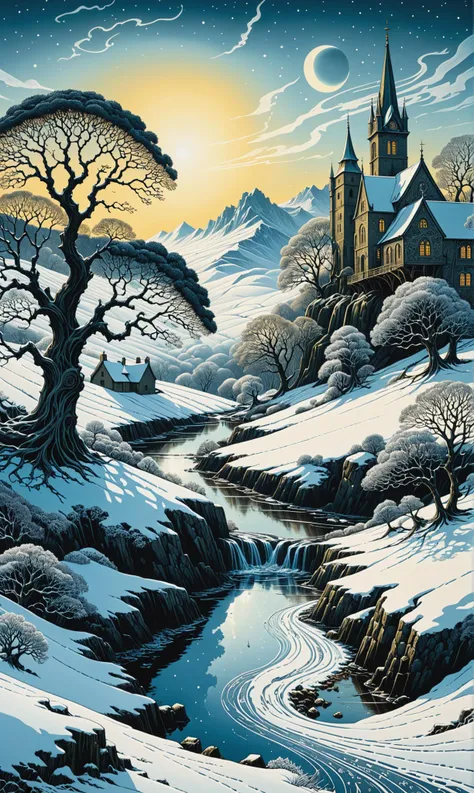 create a random breathtaking surreal fantasy winter landscape scenery in England, optical illusion, fligree, zentangle fractal splash style, etching, ink v3, digital oilpainting, pointilist fantasy mail art by aaron horkey 16k uhd, dynamic, influence by rembrant, van gogh<lora:xl_more_art-full_v1:0.3>