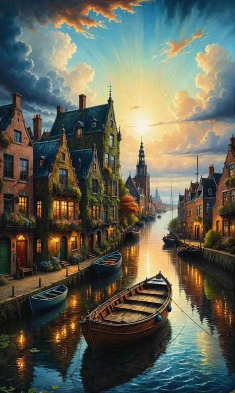 At the end of summer the boat in the water, in the style of hyperrealistic cityscapes, Dutch landscape, dramatic skies, digital painting and drawing, majestic ports, mixed Josephine Wall and Andy Kehoe<lora:xl_more_art-full_v1:0.3>