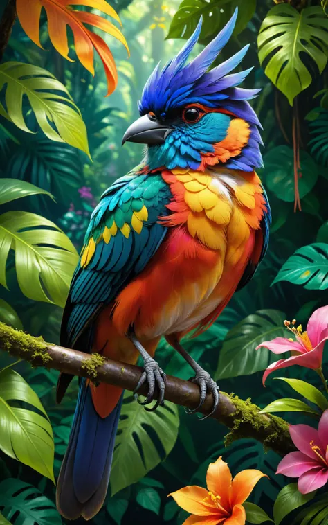 A vibrant, exotic bird perched on a branch in a lush, tropical rainforest, surrounded by vividly colored flowers and foliage. The style is digital art by Elara Mivon, characterized by rich, saturated colors and a slightly surreal, dreamlike quality, enhancing the natural beauty and mystery of the scene. The bird's feathers are a kaleidoscope of colors, shimmering in the dappled sunlight filtering through the canopy above, creating an image that is both captivating and mesmerizing.