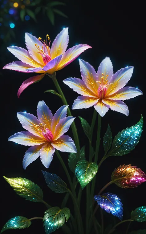 Fantasy, twinkling flowers, forest, light, sparkle, fine art, extreme details, photorealistic, matte painting" ultra highly detailed, detailed, black bg, night bg, rainbow color, ceramic, this one digital painting, highly detailed, intricated, intricated pose, clarity, high quality, center align, Miki Asai Macro photography, close-up, hyper detailed, trending on artstation, sharp focus, studio photo, intricate details, highly detailed, by greg rutkowski<lora:xl_more_art-full_v1:0.4>