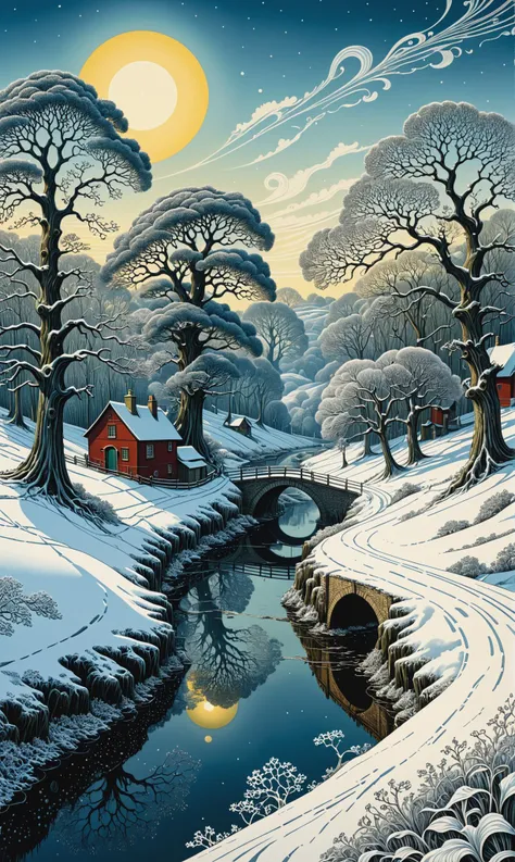 create a random breathtaking surreal fantasy winter landscape scenery in England, optical illusion, fligree, zentangle fractal splash style, etching, ink v3, digital oilpainting, pointilist fantasy mail art by aaron horkey 16k uhd, dynamic, influence by rembrant, van gogh<lora:xl_more_art-full_v1:0.3>