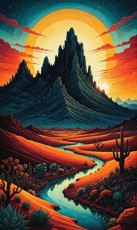 Mexican desert at sunset. By Becky Cloonan and Andy Kehoe. Ink accents, hyper detailed handdrawn splashscreen, Maximalist masterpiece, breathtaking, pure perfection, unforgettable, impressive, Volumetric light, vivid color reflections, stunning, energetic, ultra fine details. intricate illustration brimming with minutiae, dimensional depth. Curling motifs<lora:xl_more_art-full_v1:0.3>