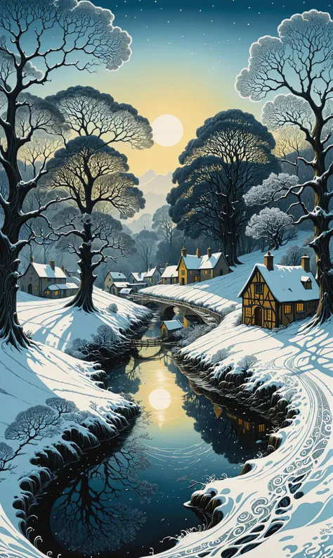 create a random breathtaking surreal fantasy winter landscape scenery in England, optical illusion, fligree, zentangle fractal splash style, etching, ink v3, digital oilpainting, pointilist fantasy mail art by aaron horkey 16k uhd, dynamic, influence by rembrant, van gogh<lora:xl_more_art-full_v1:0.3>