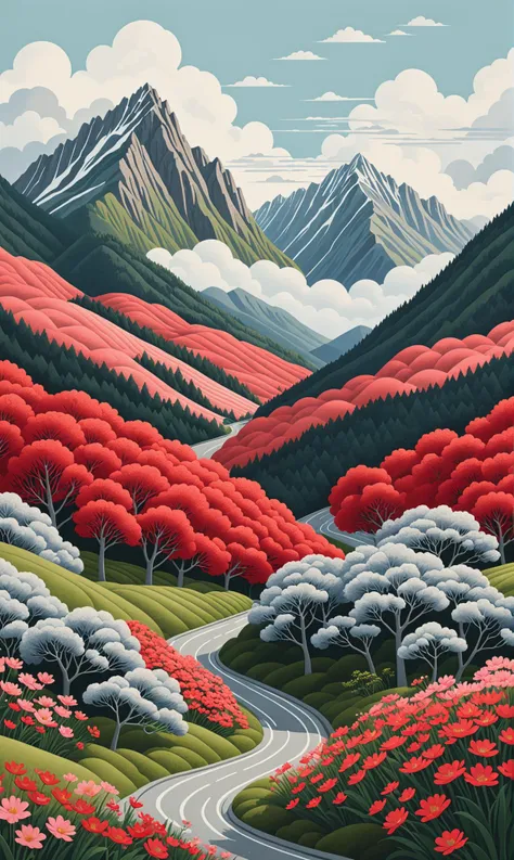 Mountains, with cloudy sky, in the style of john holcroft, whimsical floral scenes, kengo kuma, light silver and light red, minimalist illustrator, cfa voysey, linear elegance <lora:xl_more_art-full_v1:0.3>