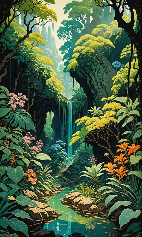 J.C. Leyendecker Style page Ivan Bilibin Style page (cold caverns) in a (hot lush jungle), flowering tree, tropical flowers, in the style of surreal fantasy landscapes, national geographic photo, beautiful colors, extreme details, big contrasts<lora:xl_more_art-full_v1:0.3>
