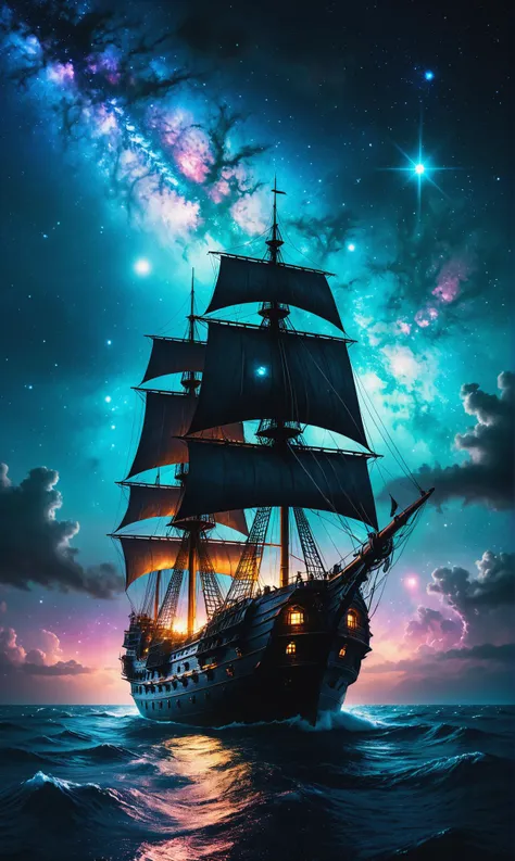 (Pirate ship sailing into a bioluminescence sea with a galaxy in the sky), epic, 4k, ultra,<lora:xl_more_art-full_v1:0.3>