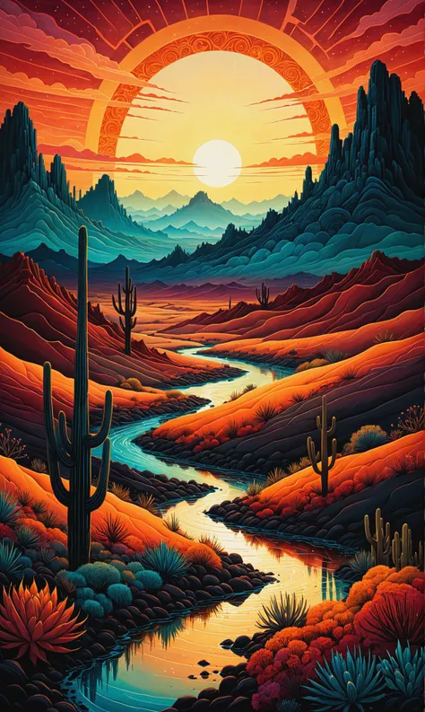 Mexican desert at sunset. By Becky Cloonan and Andy Kehoe. Ink accents, hyper detailed handdrawn splashscreen,  Maximalist masterpiece, breathtaking, pure perfection, unforgettable, impressive, Volumetric light, vivid color reflections, stunning, energetic, ultra fine details. intricate illustration brimming with minutiae, dimensional depth. Curling motifs<lora:xl_more_art-full_v1:0.3>
