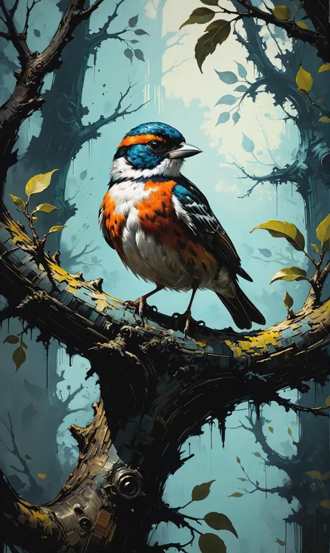 Sparrow in a treetop. Rococo pattern. in a hyperdetailed approach akin to the works of Russ Mills, Alan Lee and Eric Canete, featuring cinematic lighting with a spotlight on the dark stage, perfect composition, strong shadows, soft color palette with ink accents, Impasto paint smudges. Oils on canvas. Intricate hyperdetailed Background. Liquid guache. Shakespeare doing deep philosophy. Tetradic colou<lora:xl_more_art-full_v1:0.3>