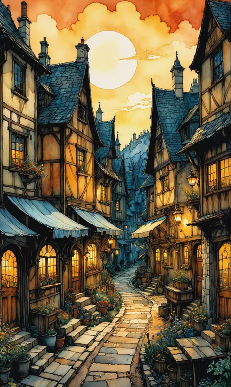 Comic book, beautiful rugged storybook town, soft and delicate watercolor, dramatic and perfect composition, by Arthur Rackham, graphic illustration, comic art, graphic novel art, vibrant, highly detailed, tetradic colors, golden hour, rust style, aura vantablack, golden ratio, rule of thirds, film lighting, dark and magical realism<lora:xl_more_art-full_v1:0.3>