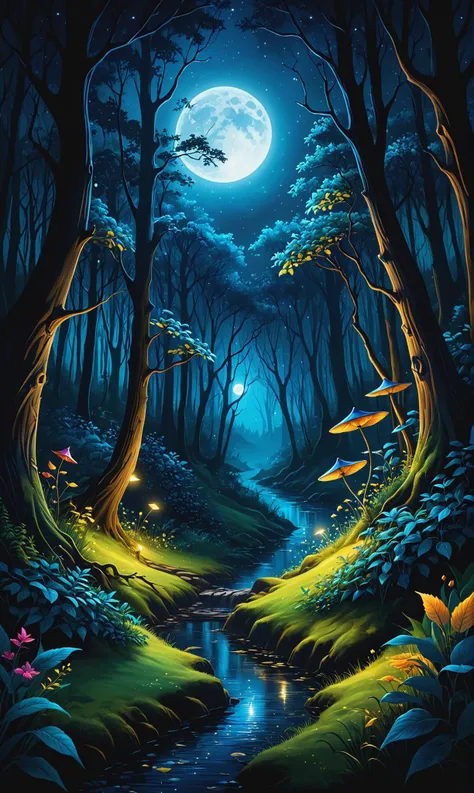 An enchanted forest full of fairy tales and miracles, a masterpiece at the art station, sharp focus, dark night, moonlight, warm dreamy lighting, volumetric lighting, dynamic gradient, illustration, highly detailed, simple, smooth and vector curver, vector art, hyperrealism, posterized, bright lush colors, wet gouache<lora:xl_more_art-full_v1:0.3>