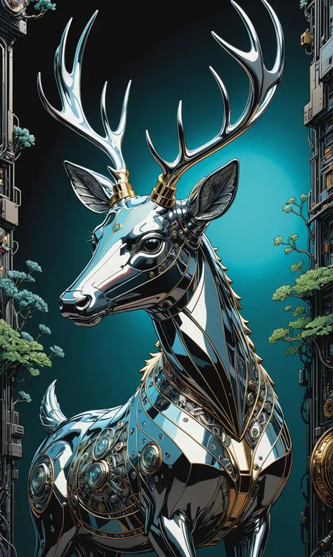 Chrome metal deer. Hyperdetailed Maximalist comic book masterpiece, cinematic light, perfect composition, strong shadows, soft colors, ink accents. By Geof Darrow, Aaron Horkey & Becky Cloonan. Reflective. Iridescent. Smooth, crystal clear. Motherboard circuit. Reflective surface. Uhd drawing brimming with minutiae<lora:xl_more_art-full_v1:0.3>