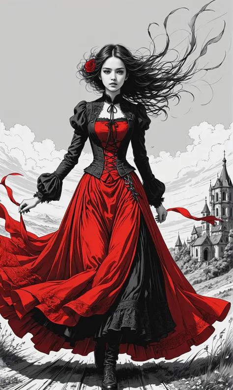 The wind is such that it knocks you off your feet... Sketch, red color, romanticism, gothic, red line drawing, precise drawing, hyper-detailed highly detailed extremely detailed high detail ultra detailed