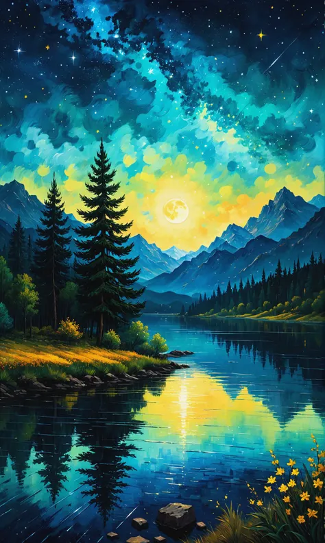 Colorful vincent van gogh starry night sky :: cinematic 16k resolution masterpiece illustration painting consisting of oil, watercolors and ink :: mountains pine tree forest lake flowers :: frisco watercolors and oil sky raining shooting stars twinkling stars glistening stars glittery stars large full moon stars :: Ivan Aivazovsky Kentaro Miura Gustave Doré Greg Rutkowski romantic naturalism starry night landscape :: intricate motifs perfect composition masterpiece insanely-detailed extreme-detailed hyper-detailed beautiful volumetric deep rich colors volumetric lighting shadows Ray tracing smooth perfect texture<lora:xl_more_art-full_v1:0.3>