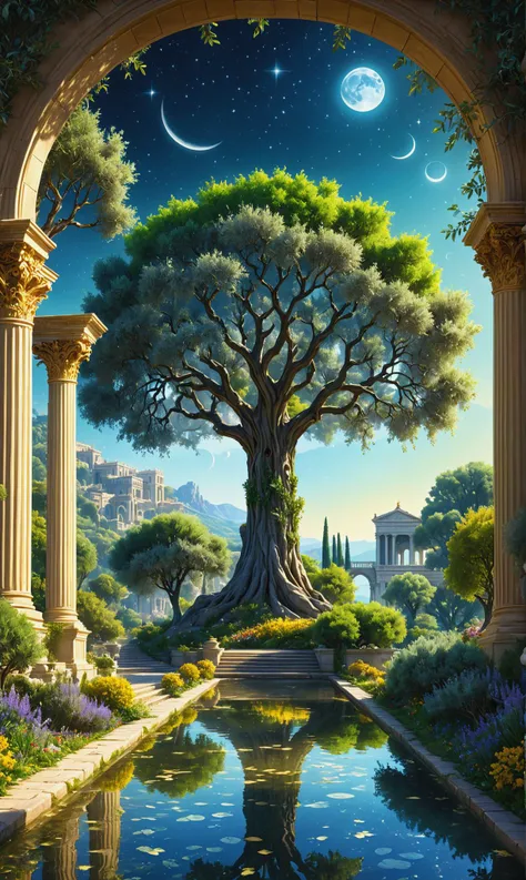 Gorgeous beautiful garden in front of the palace in the crystal city of fairies, prominent magnificent olive tree, water reflections, columns, arches, windows, forest, light gold enchanted stars, moon leaves, super detailed very intricate detailed matte painting, divine heavenly acrylic art, dendritic complex holographic hyper-detailed Behance HD screen, splash screen, trending on artstation, sharp focus, studio photo, intricate details, highly detailed, by greg rutkowski<lora:xl_more_art-full_v1:0.3>