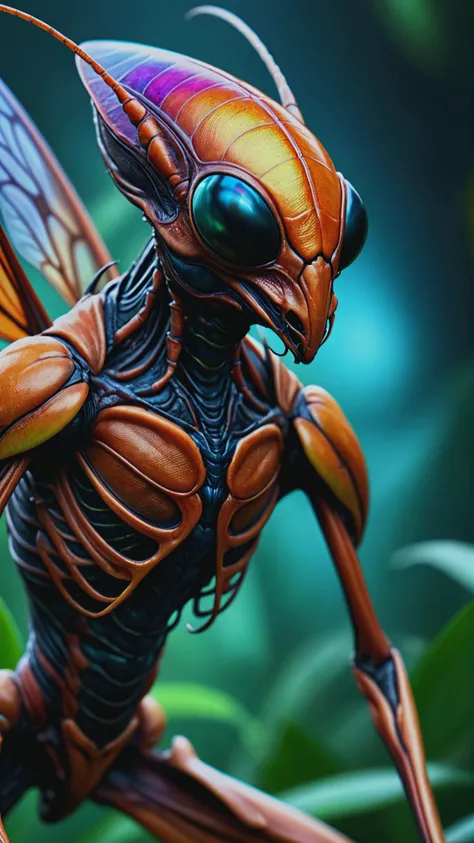 huge, Macro, Anthropogenesis, insectoid, Concept art, bold lines, highly detailed, (realistic:1.4), (fractal:0.1), colorful, sharp focus, masterpiece, high quality, shallow depth of field detailed background,, <lora:add-detail-xl:1>