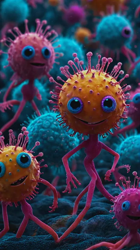 RAW photo of a cute microbes and viruses dancing, cartoon caracters, Macro-shooting with a microscope, concept art, action, dynamic, (fractal:1.2), aesthetic, colorful, finely tuned detail, ultra sharp focus, intricate, poster, epic, trending on artstation, vibrant, production cinematic masterpiece, ultra high quality model, by Unsplash, sharp focus, (fractal:1.8), shallow depth of field detailed background, ultra (realistic:1.4), HDRi, 35-105 mm lens f/4 ISO 100, 16k <lora:add-detail-xl:1> <lora:FF-WoMM-XL-FA-v0208-TE:1>