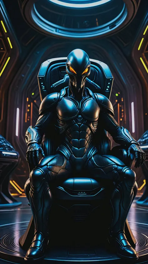 dark noir theme, huge, macro, futuristicanthropogenesis alien military base, sits in the ruler's chair, full body, nano particles bionic armor, indoors, Concept art, bold lines, highly detailed, (realistic:1.4), (fractal:0.1), colorful, sharp focus, masterpiece, high quality, shallow depth of field detailed background,, <lora:add-detail-xl:1>