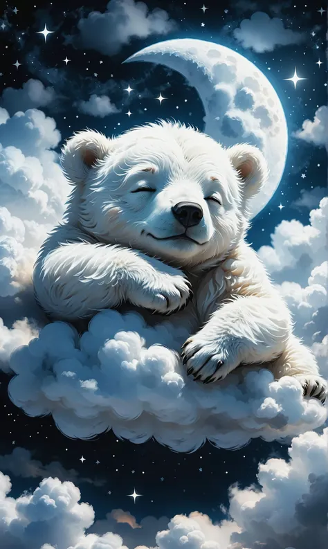 A white bear is sleeping on the clouds. There's a moon in the night sky and no stars Removed From Image ugly, deformed, noisy, blurry, distorted, out of focus, bad anatomy, extra limbs, poorly drawn face, poorly drawn hands, missing fingers<lora:xl_more_art-full_v1:0.3> <lora:MJ52:0.4>