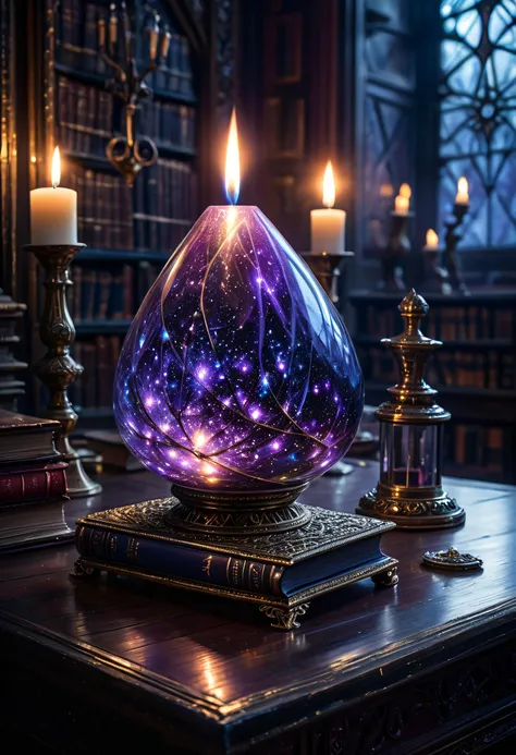 a highly detailed, realistic depiction of a mystical, ornate, and magical object, the object is a triangular, metallic structure with intricate, geometric patterns and a glossy, reflective surface, it is placed on a wooden surface, possibly a table or a desk, in the center of the structure, the structure is adorned with two large, glowing, purple orbs that appear to be made of glass or a similar material, each with a unique, iridescent quality, the orbs are positioned in a symmetrical pattern, with each one slightly overlapping the one below it, the background is blurred, but it appears to be a dimly lit room with dark, moody lighting, casting a blue, ethereal glow on the objects around the object, there are also several smaller, metallic objects, including a small, cylindrical candle holder with a lit flame, and a few books or documents, adding to the mystical, otherworldly atmosphere, the overall color palette is dominated by deep blues and purples, enhancing the mystical and otherworldly feel of the scene, the image exudes a sense of mystery and enchantment, making it a captivating and enchanting piece of fantasy art \(harry potter\), \(creature\), multiple girls, 1boy, blurry, indoors, blurry background, table, candle, bottle, magic, magic circle, (HD, manga masterpiece, best quality, hyper detailed, ultra detailed, super realistic),, (Midjourney Image Enhancer XL v1:0.8), (add-detail-xl:0.65)<lora:SDXL\Midjourney Image Enhancer XL v1.safetensors:1.0:1.0> <lora:SDXL\add-detail-xl.safetensors:1.0:1.0>