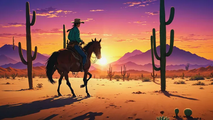 1 cowboy riding a horse toward a sunset, desert, cactus, style anime, style of Akira Kurosawa, japan, mountain in the background, fixl-art, 4 legged horse,