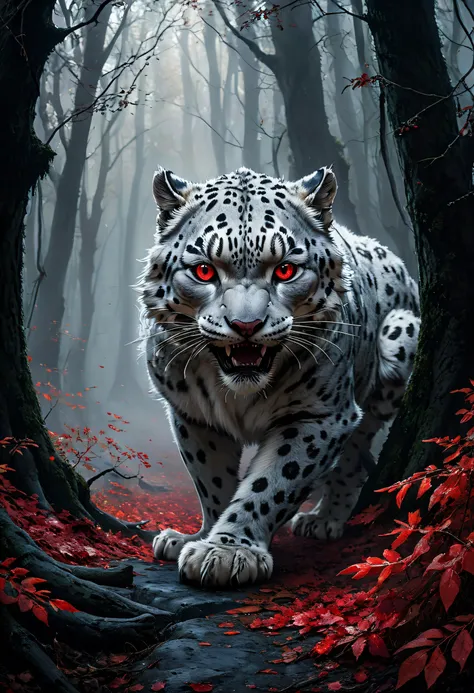 a highly detailed, gothic-style digital artwork depicting a fantastical, anthropomorphic snow leopard in a dark, forest setting, the leopard is positioned in the center of the image, with its body facing towards the viewer, its fur is predominantly white with black spots, and its eyes are large and expressive, with a red symbol of an eye in the upper left corner, the eyes are adorned with small, dark eyelashes and a slight blush on their cheeks, giving the impression of a demonic or otherworldly creature, the tiger's mouth is open, revealing sharp teeth and a menacing expression, its ears are pointed, and it has a fur-lined hood that covers its head, the background features tall, dark trees with a misty, ethereal quality, and the ground is covered in fallen leaves and twigs, in the foreground, there are several lit candles, casting a warm, flickering light that contrasts with the dark, mystical atmosphere, the overall mood is dark and foreboding, enhanced by the eerie, otherworldly setting and the vivid colors and textures of the artwork \(gothic\), 1girl, solo, looking at viewer, open mouth, tail, male focus, choker, tree, fangs, tattoo, chain, skull, animal, nature, forest, (HD, manga masterpiece, best quality, hyper detailed, ultra detailed, super realistic),, (Midjourney Image Enhancer XL v1:0.8), (add-detail-xl:0.65)<lora:SDXL\Midjourney Image Enhancer XL v1.safetensors:1.0:1.0> <lora:SDXL\add-detail-xl.safetensors:1.0:1.0>