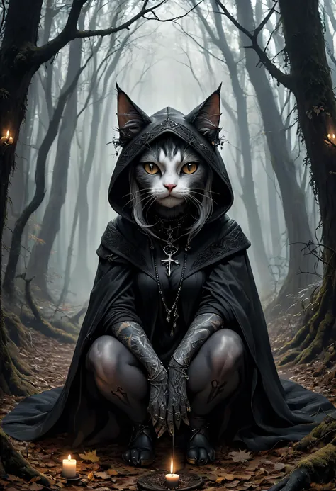 a digital artwork in a gothic, dark fantasy style, it depicts a surreal, anthropomorphic cat-like creature with large, expressive eyes and a mischievous expression, the creature is crouching in a forest setting, wearing a hooded cloak with cat ears and a hood, its fur is a mix of white and grey, and its body is adorned with intricate, black, tribal-like tattoos covering its arms and legs, including a pentagram on its forehead, the cat's ears are large and pointed, and it wears a choker around its neck, the background features a dense, dark forest with tall, dark trees and a misty, ethereal atmosphere, in the foreground, there is a small, lit candle on a tree stump to the right, casting a soft, warm glow, surrounding the creature are several skeletal figures, adding to the eerie, otherworldly ambiance, the ground is wet and muddy, with scattered skulls and bones scattered around, the overall color palette is dark and moody, with shades of grey and black dominating the scene, the texture of the artwork is smooth and detailed, with a focus on the creature's intricate, almost surrealistic design, the artist's signature, @the cat's, is visible in the bottom left corner, the image exudes a sense of mystery and otherworldliness, blending elements of dark fantasy and mysticism, with the use of dark, mysterious elements in the background \(the cat\), 1girl, solo, looking at viewer, smile, animal ears, sitting, full body, boots, hood, choker, cat ears, hood up, tattoo, cross, candle, cat girl, hood down, hoodie, cat, symbol, cat tail, cross, (HD, manga masterpiece, best quality, hyper detailed, ultra detailed, super realistic),, (Midjourney Image Enhancer XL v1:0.8), (add-detail-xl:0.65)<lora:SDXL\Midjourney Image Enhancer XL v1.safetensors:1.0:1.0> <lora:SDXL\add-detail-xl.safetensors:1.0:1.0>